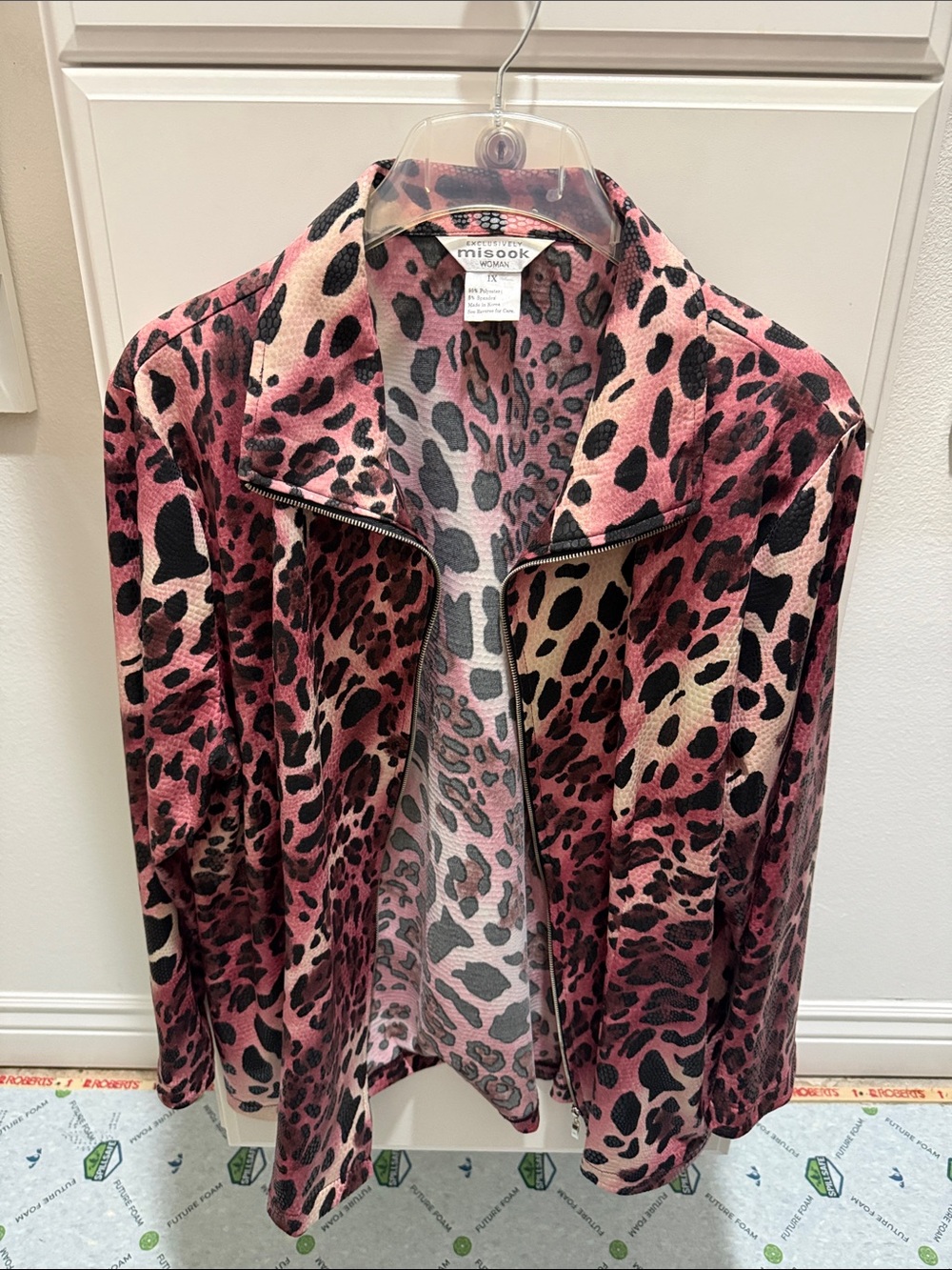 Misook Pink and Black Leopard Print Zip Jacket